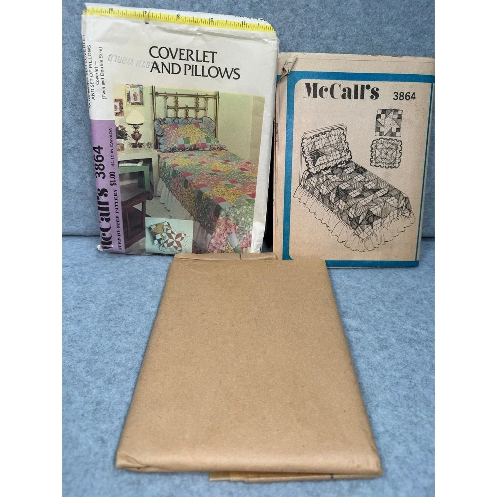 VTG McCall's 3864 Patchwork Bed Coverlet Pillow Pattern Uncut Pillows 70's Craft